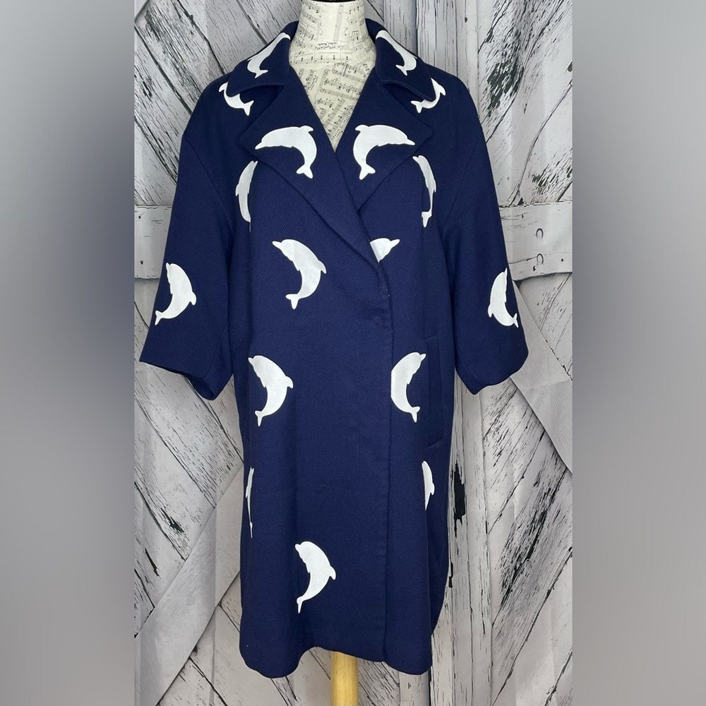 Nika Beier Navy coat with white dolphins 3/4 bell sleeves S